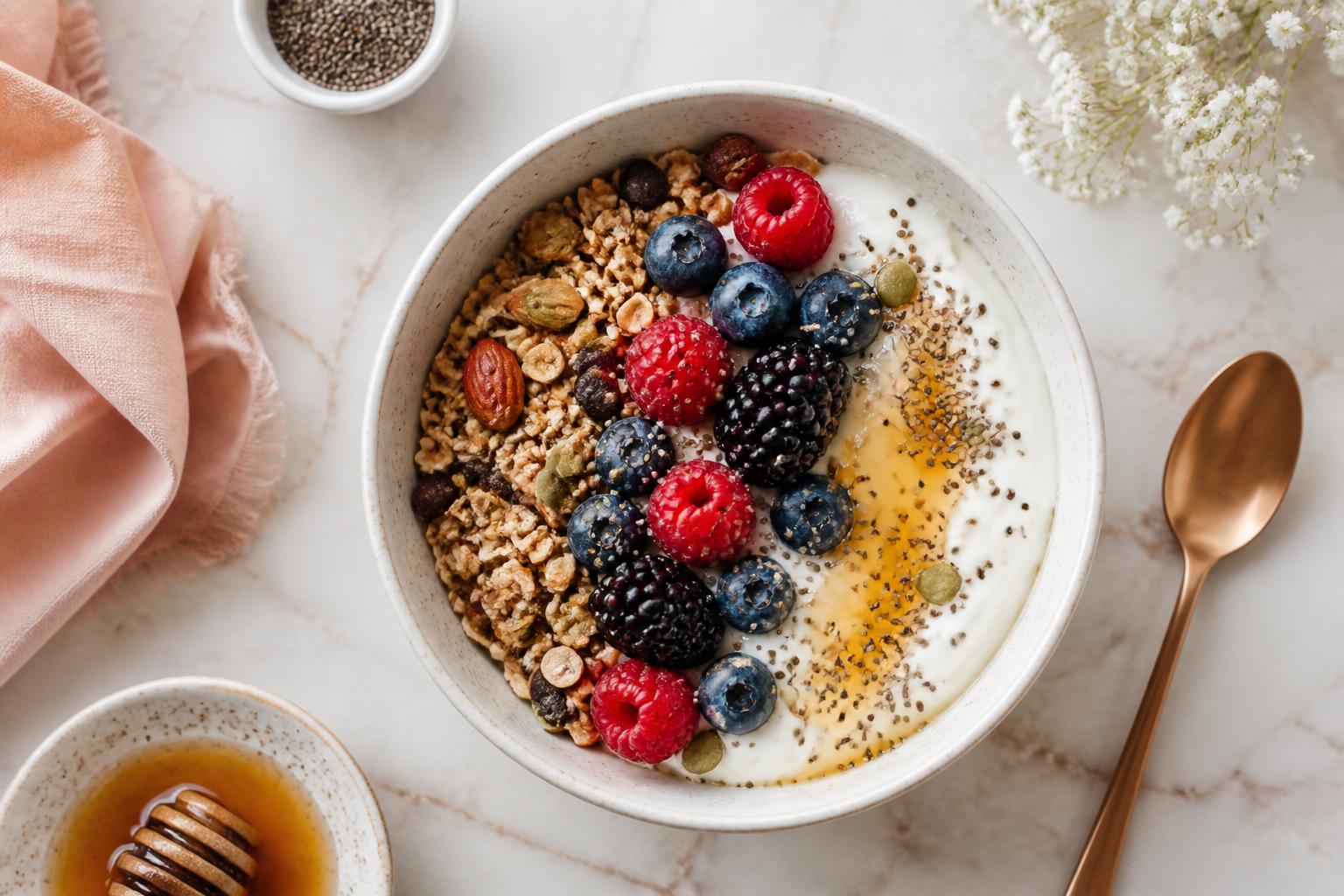 Bowl de yogur con granola y frutos rojos